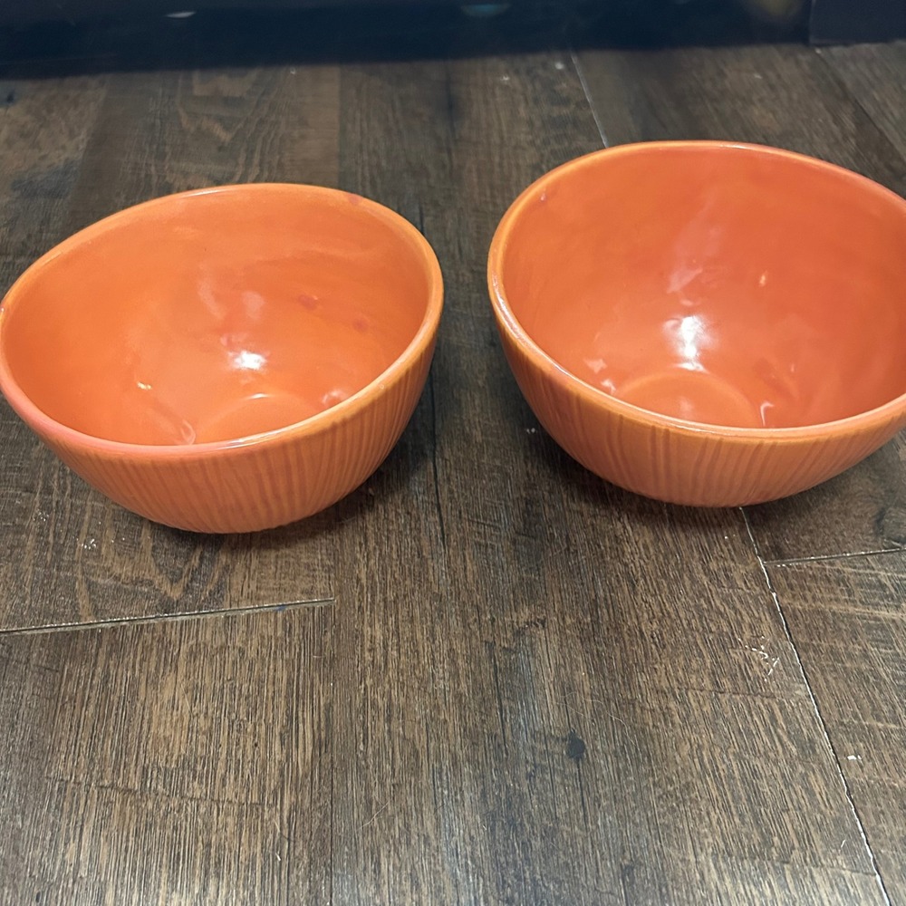 Barbara Eigen Pottery Orange Ribbed Cereal Soup Bowls Set 2‎ USA Studio Ceramic